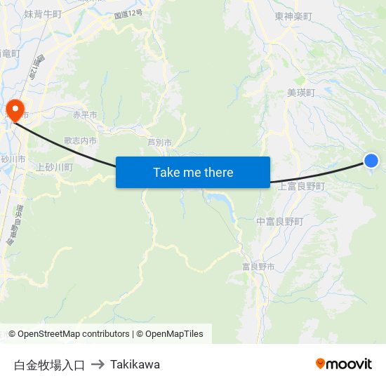 白金牧場入口 to Takikawa map