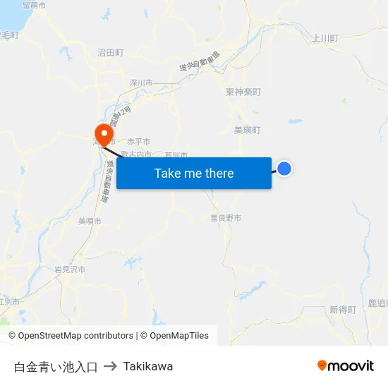 白金青い池入口 to Takikawa map