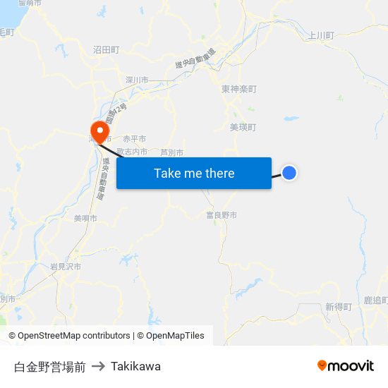 白金野営場前 to Takikawa map