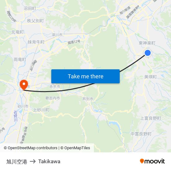 旭川空港 to Takikawa map