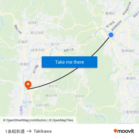 1条昭和通 to Takikawa map