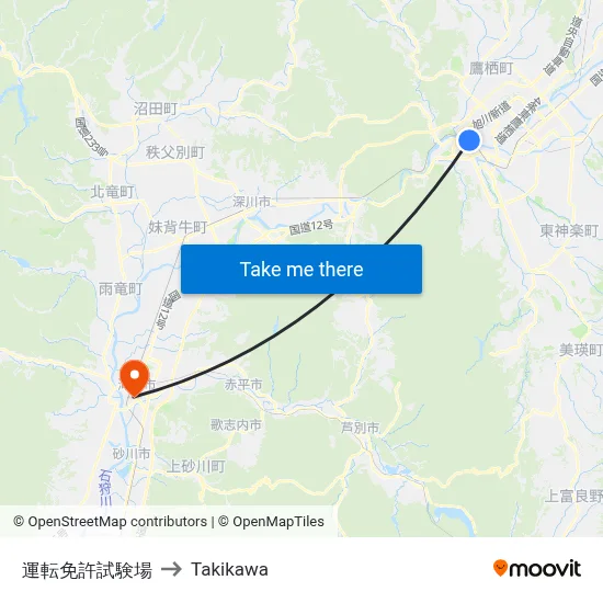 運転免許試験場 to Takikawa map