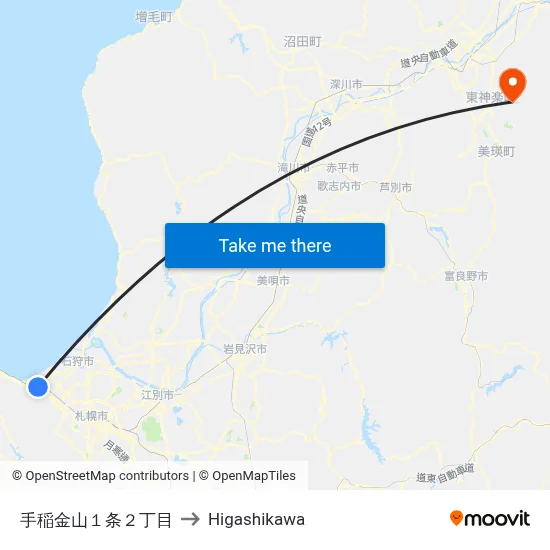 手稲金山１条２丁目 to Higashikawa map