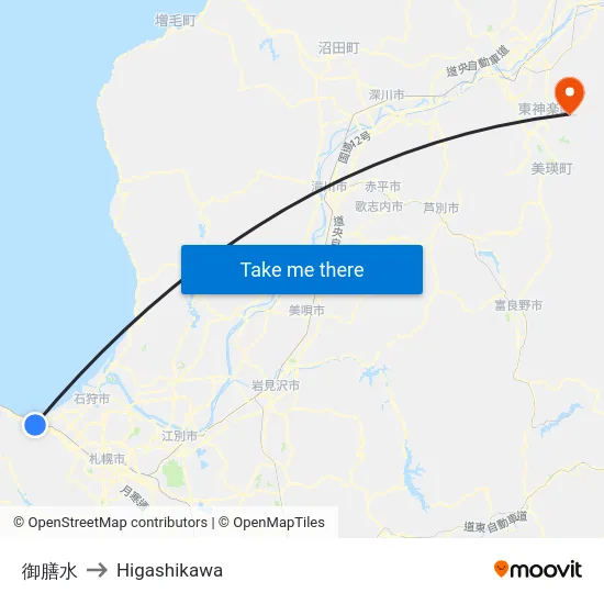 御膳水 to Higashikawa map