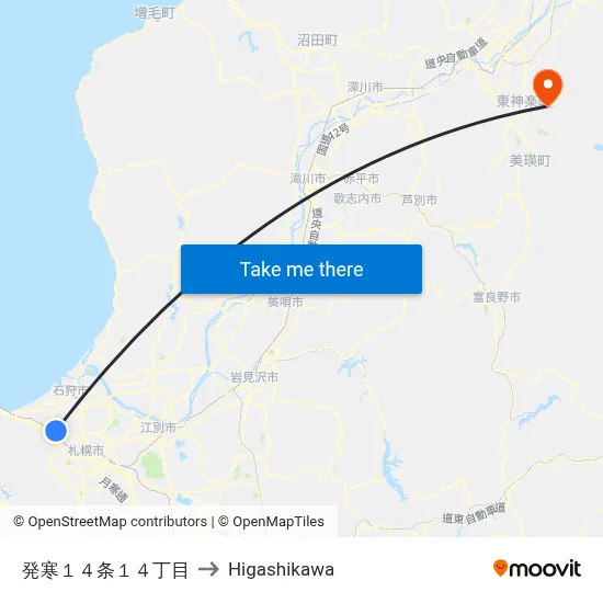 発寒１４条１４丁目 to Higashikawa map