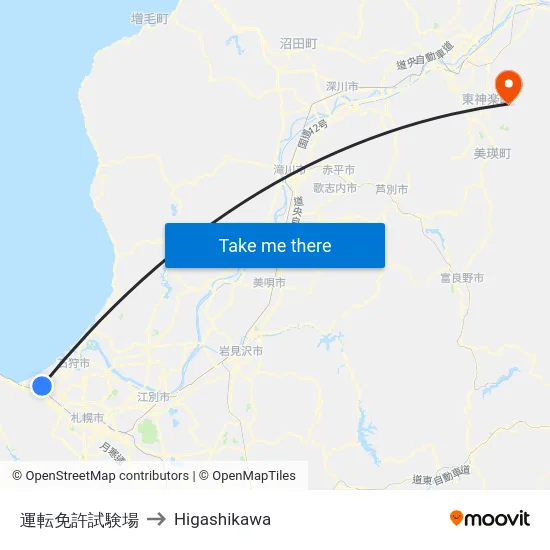 運転免許試験場 to Higashikawa map