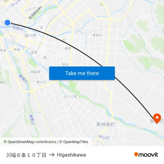 川端６条１０丁目 to Higashikawa map