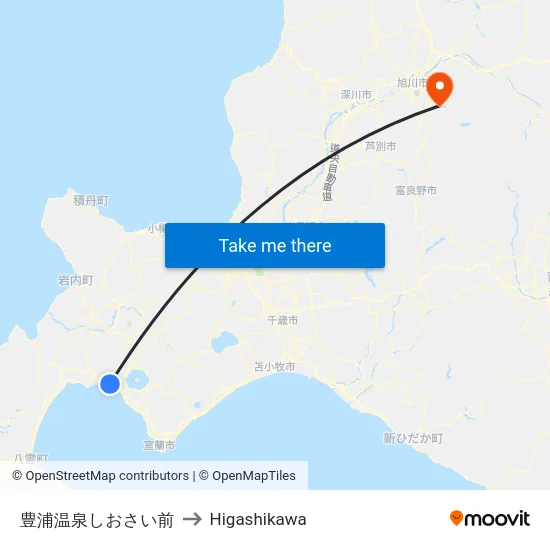 豊浦温泉しおさい前 to Higashikawa map