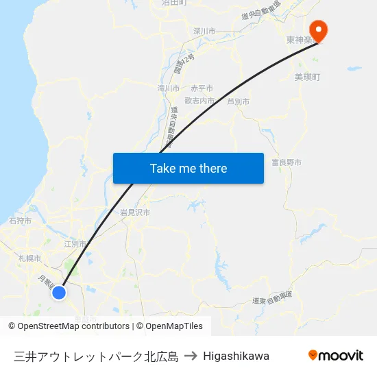 Mitsui Outlet Park Kitahiroshima to Higashikawa map