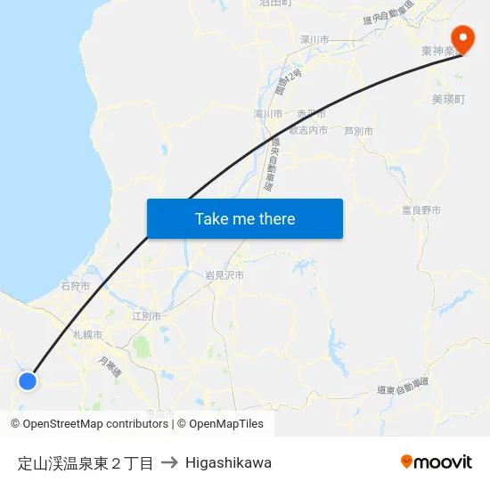 定山渓温泉東２丁目 to Higashikawa map