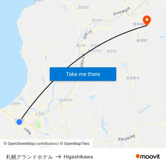 札幌グランドホテル to Higashikawa map