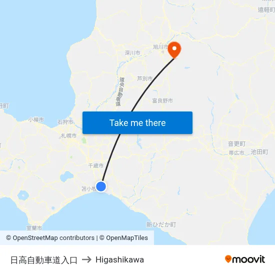 日高自動車道入口 to Higashikawa map