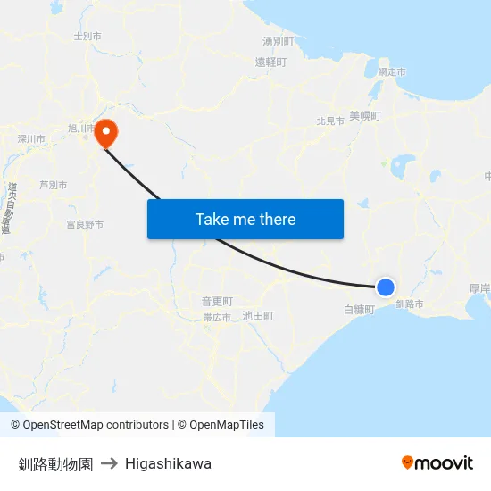 釧路動物園 to Higashikawa map