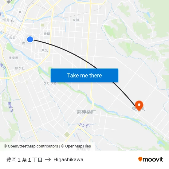 豊岡１条１丁目 to Higashikawa map