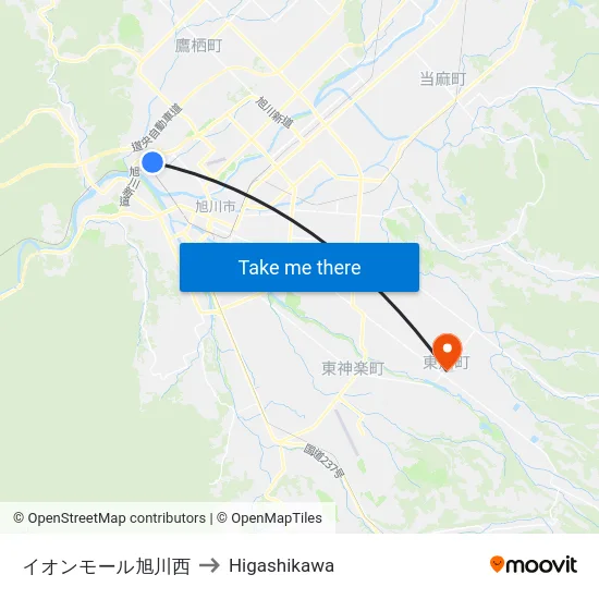 イオンモール旭川西 to Higashikawa map