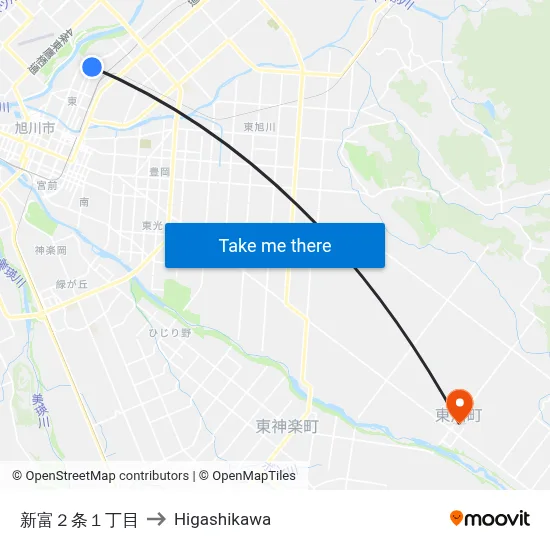新富２条１丁目 to Higashikawa map