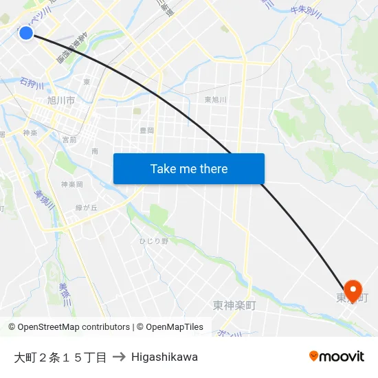 大町２条１５丁目 to Higashikawa map