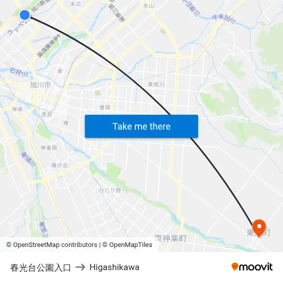 春光台公園入口 to Higashikawa map