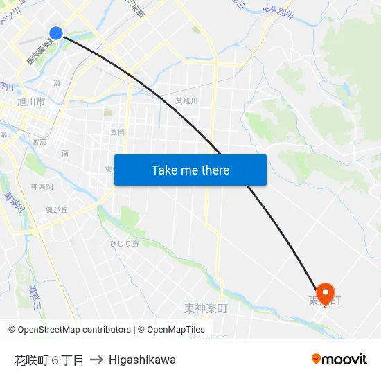 花咲町６丁目 to Higashikawa map