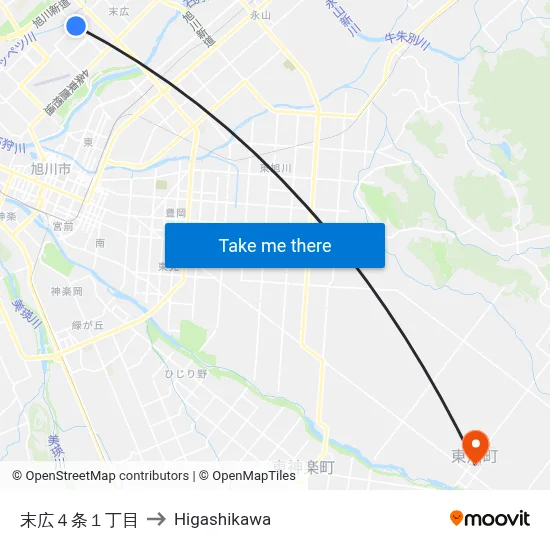 末広４条１丁目 to Higashikawa map