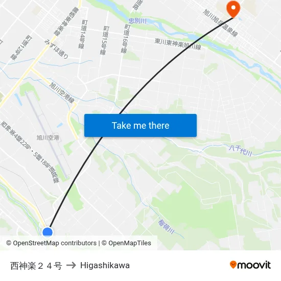 Nishi-Kagura 24-go to Higashikawa map