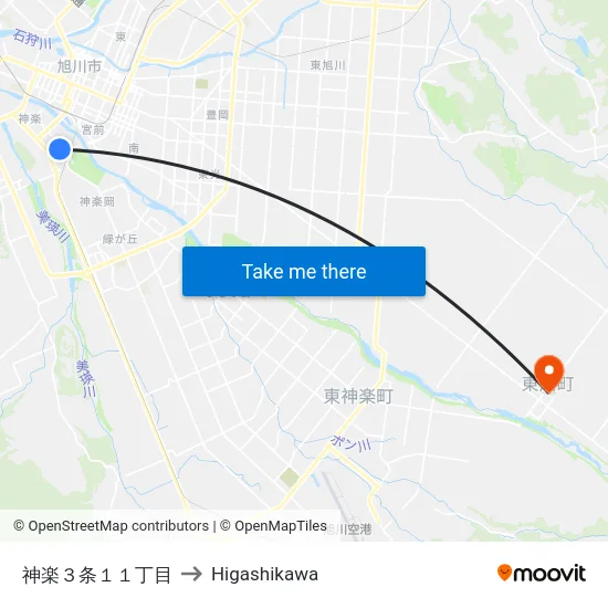 神楽３条１１丁目 to Higashikawa map