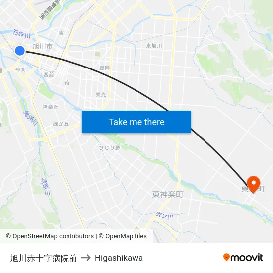 旭川赤十字病院前 to Higashikawa map
