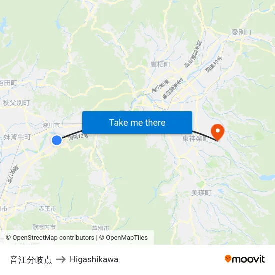 音江分岐点 to Higashikawa map