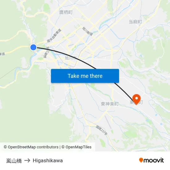 Arashiyama Bridge to Higashikawa map