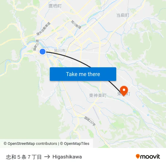 忠和５条７丁目 to Higashikawa map