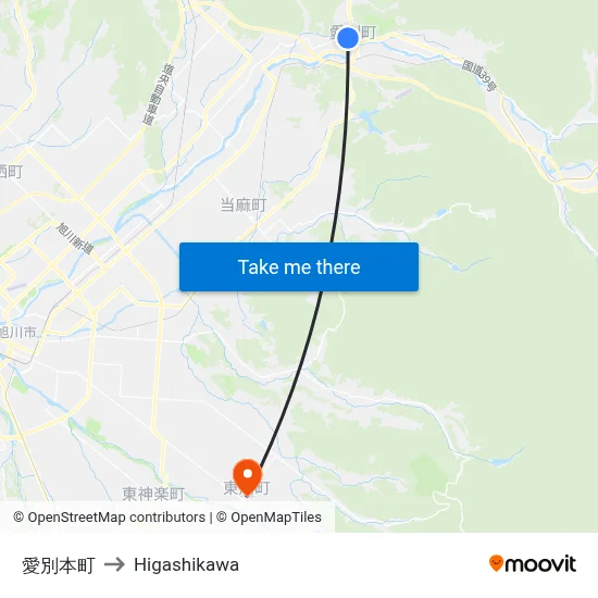愛別本町 to Higashikawa map