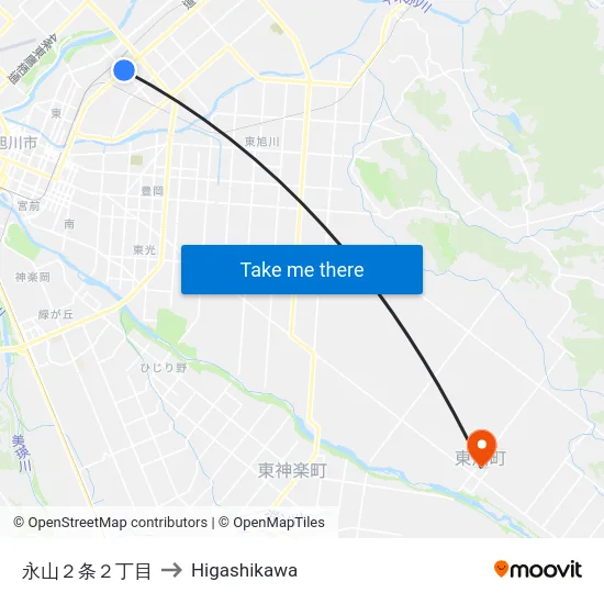 永山２条２丁目 to Higashikawa map
