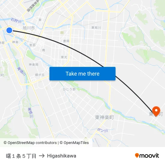 曙１条５丁目 to Higashikawa map