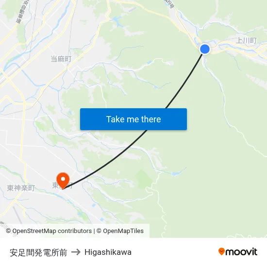 安足間発電所前 to Higashikawa map