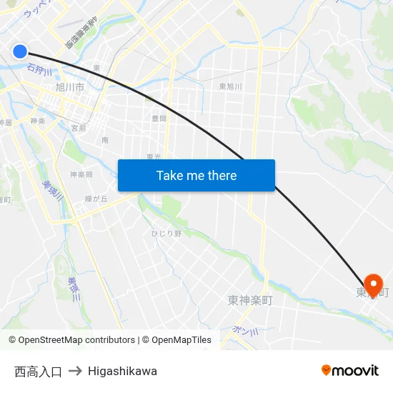 Nishiko Iriguchi to Higashikawa map