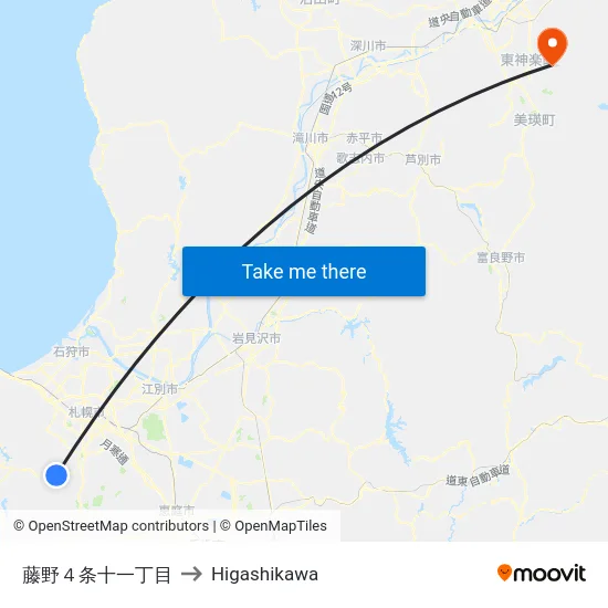 藤野４条十一丁目 to Higashikawa map