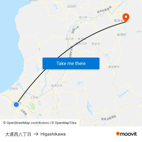 Odori Nishi 8-chome to Higashikawa map
