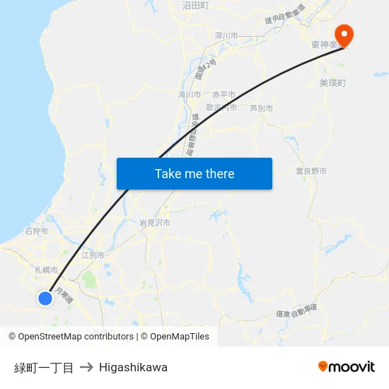 緑町一丁目 to Higashikawa map