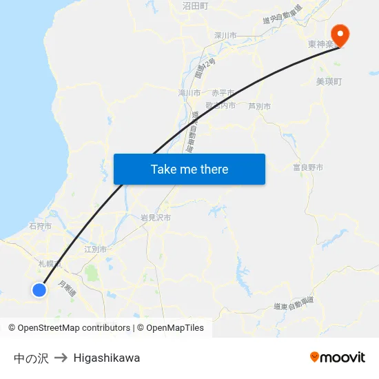 中の沢 to Higashikawa map