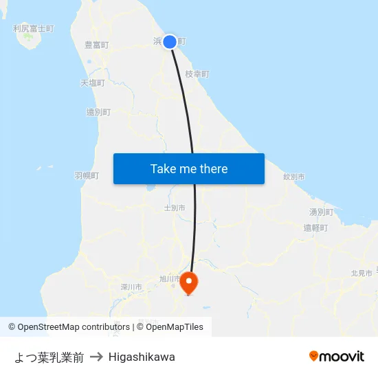 よつ葉乳業前 to Higashikawa map