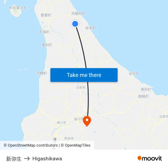 新弥生 to Higashikawa map