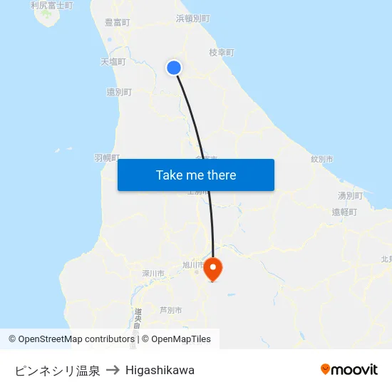 ピンネシリ温泉 to Higashikawa map