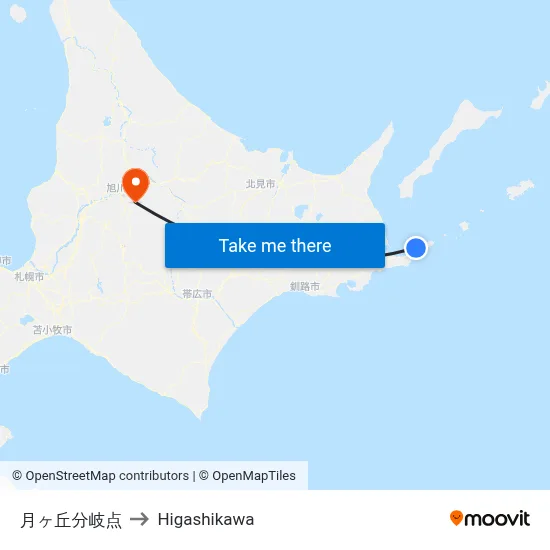 月ヶ丘分岐点 to Higashikawa map