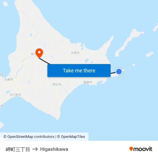 岬町三丁目 to Higashikawa map