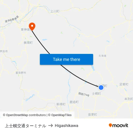 上士幌交通ターミナル to Higashikawa map