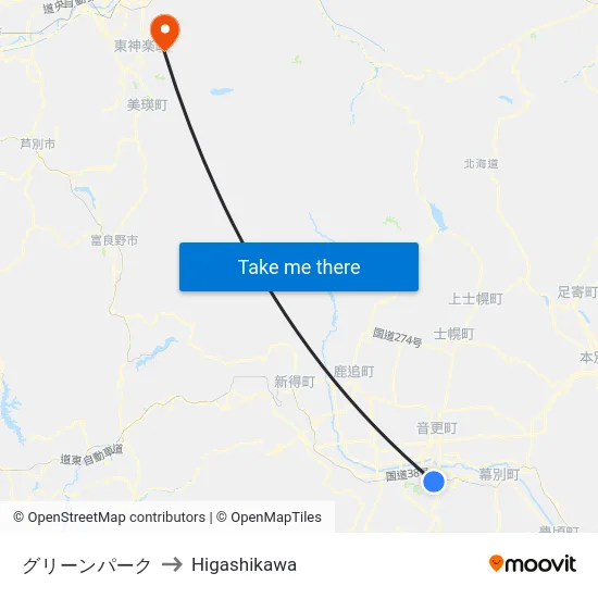 グリーンパーク to Higashikawa map
