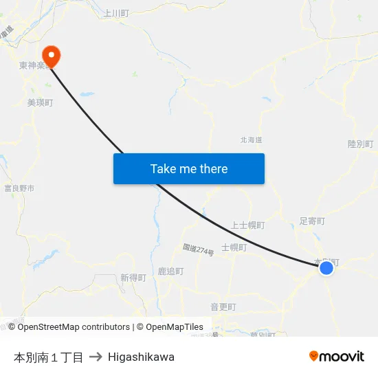本別南１丁目 to Higashikawa map