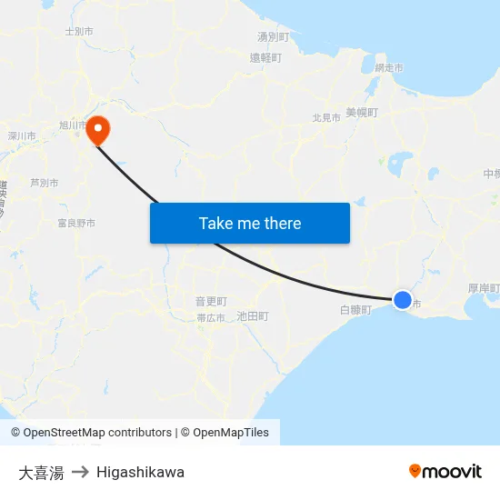Daiki-yu Bath to Higashikawa map