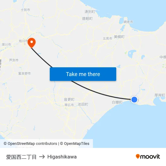 愛国西二丁目 to Higashikawa map