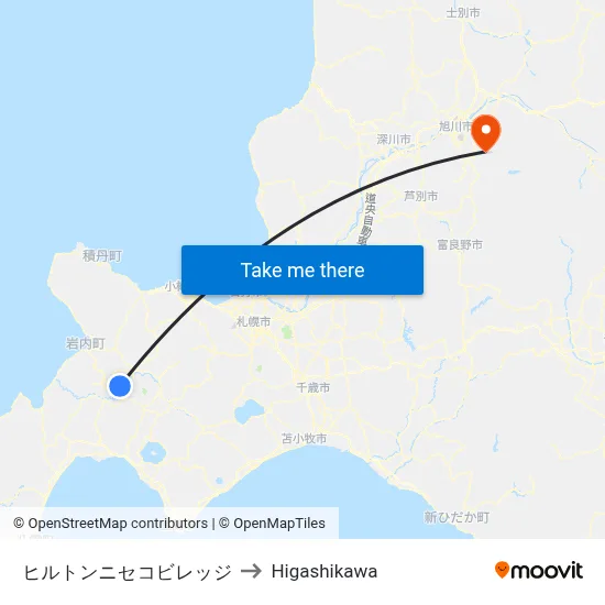 Hilton Niseko Village to Higashikawa map